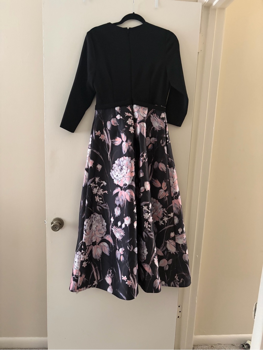 Theia Black V-Neck Long Sleeve Dress with Pink Floral Skirt - Picture 13 of 14